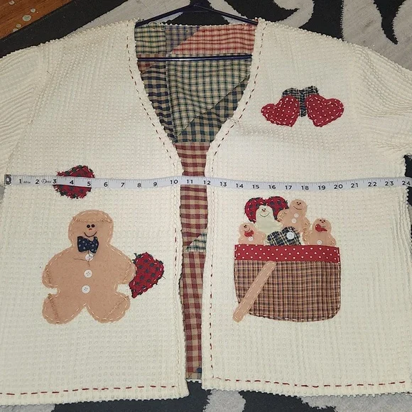 Womens Christmas, Holiday, Gingerbread Embroided Festive Open Textured Cardigan - Picture 8 of 9